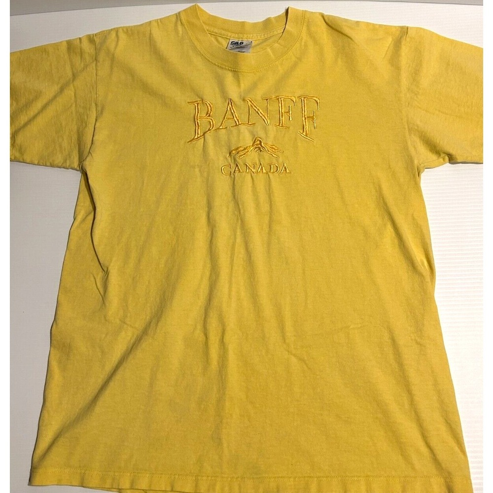 Vintage Banff Canada Embroidered Tee Shirt Size Large Yellow Gildan Brand